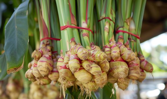 Fresh galangal on display at nature background