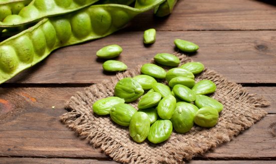 Parkia speciosa bean background , bitter bean. on wooden.